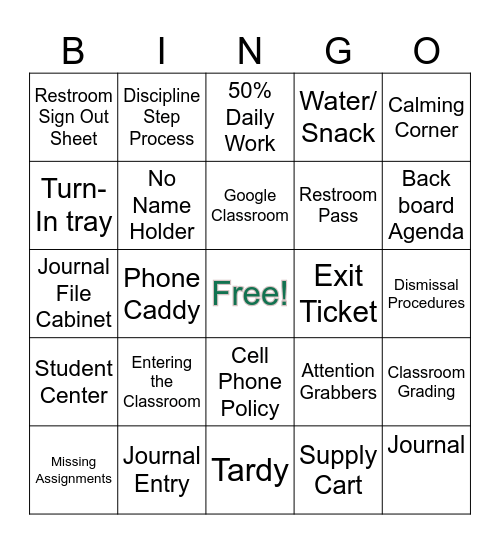 Class Procedure Bingo Card