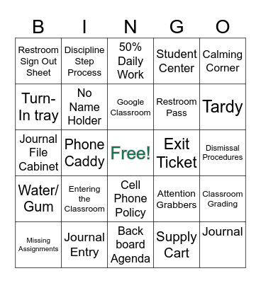 Class Procedure Bingo Card