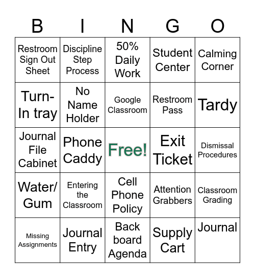 Class Procedure Bingo Card