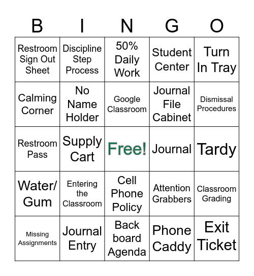 Class Procedure Bingo Card