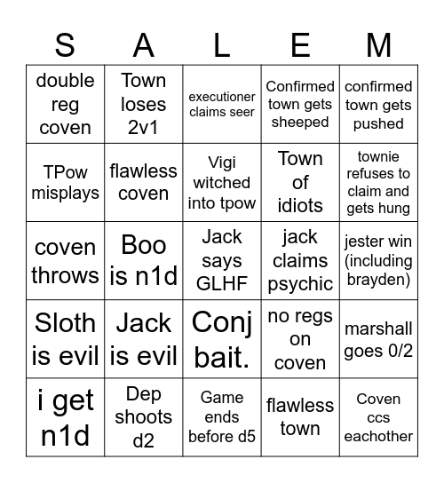 Town of Salem Bingo Card