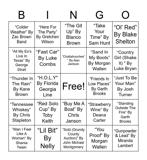 COUNTRY MUSICAL BINGO #1 Bingo Card