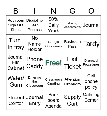 Class Procedure Bingo Card