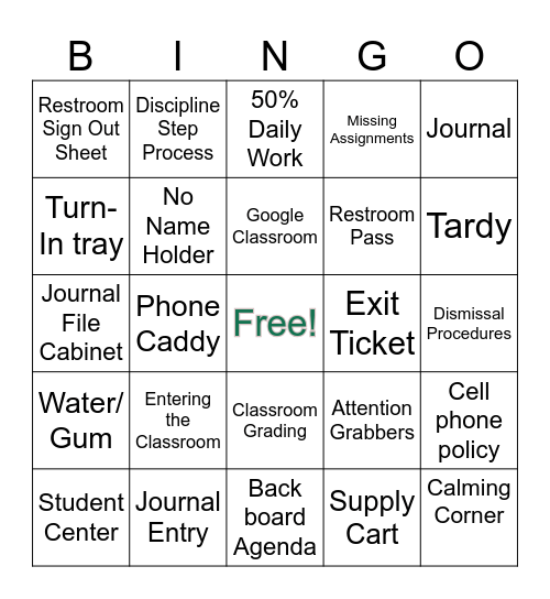 Class Procedure Bingo Card