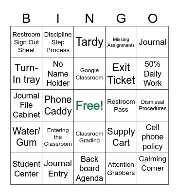 Class Procedure Bingo Card