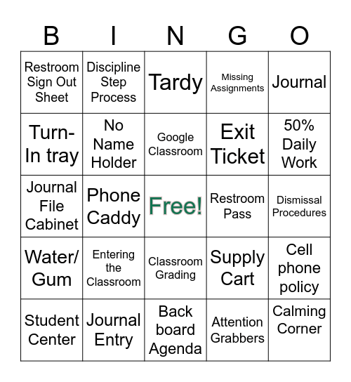 Class Procedure Bingo Card