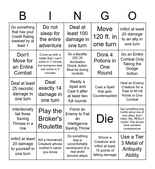 Alchemy Death Bingo Card