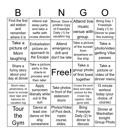 NCL Escape Day ONE Bingo Card