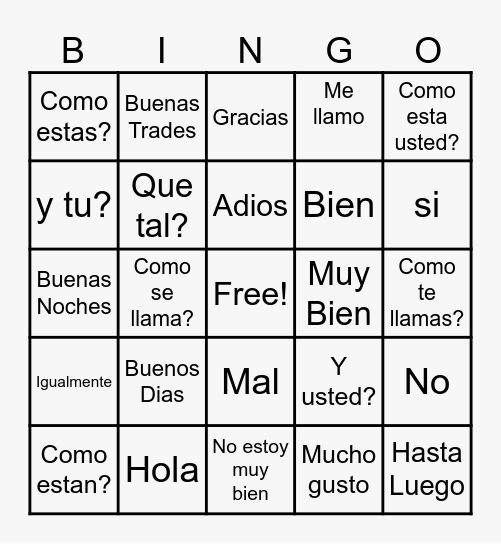 Spanish Greetings Bingo Card