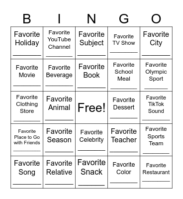 My Favorite Things! Bingo Card