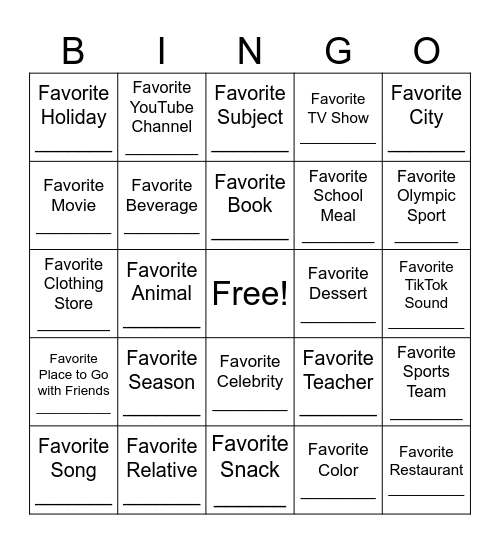 My Favorite Things! Bingo Card