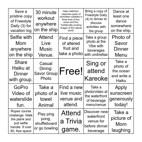 NCL Escape Day Three Bingo Card