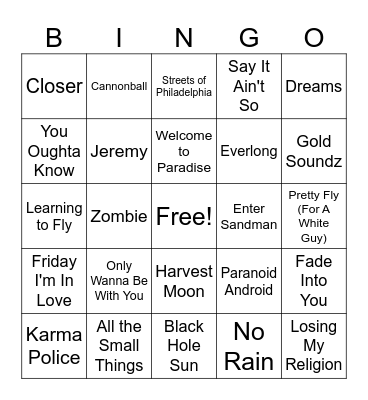 90s Grunge / Alt. Rock Bingo Card