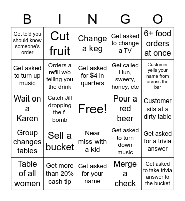 Boathouse Bartender Bingo Card