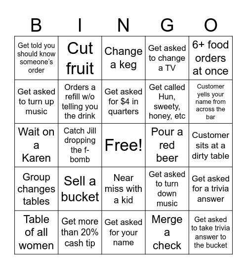 Boathouse Bartender Bingo Card