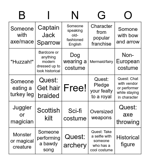 Renaissance Faire Bingo Card