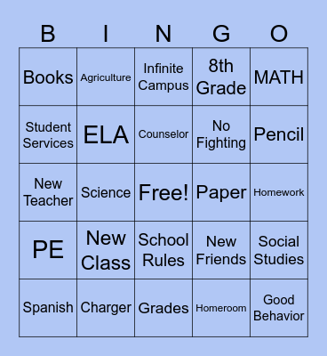 First week of school Bingo Card