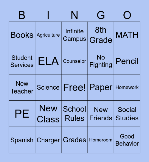 First week of school Bingo Card