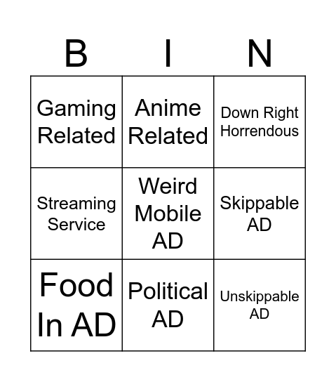 Youtube AD Bingo Card