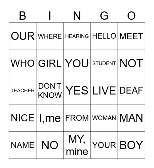 ASL UNIT 1 Bingo Card