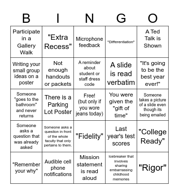 Welcome Back PD bingo Card