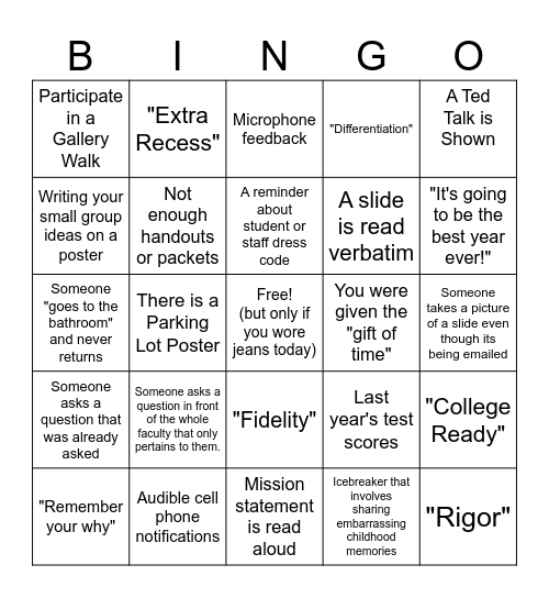 Welcome Back PD bingo Card