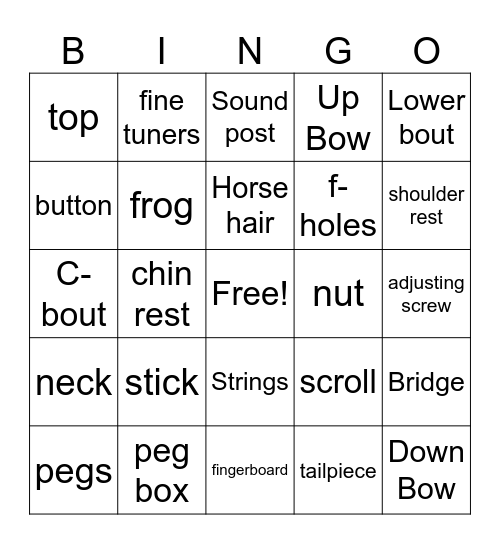 Parts of the Instrument Bingo Card