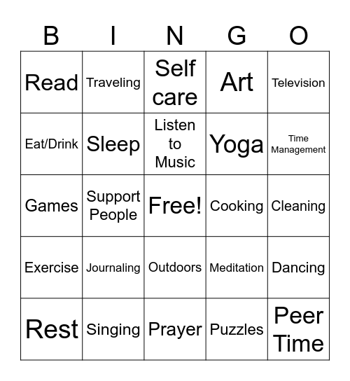 Coping Skills Bingo Card