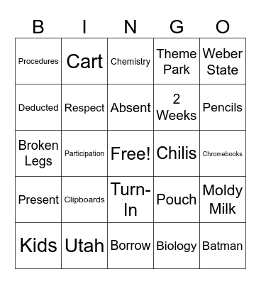 Back to School Bingo Card