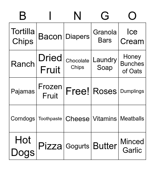 Costco Shopping List Bingo Card