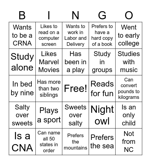 Getting to know NUR 304 Bingo Card