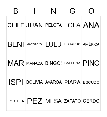 SUSTANTIVOS Bingo Card
