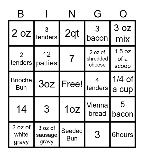 Cooks Bingo Card