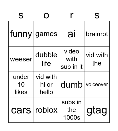 yourtube shorts Bingo Card