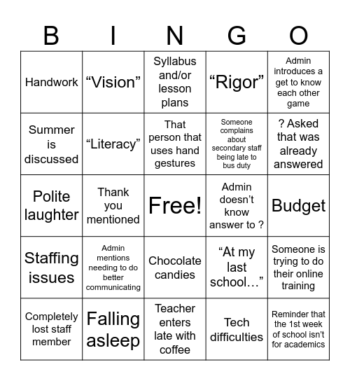 Inservice Bingo Card