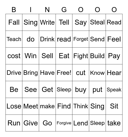 Irregular Verbs Bingo Card