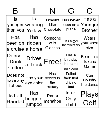 Houston Texans Grille Ice Breaker Bingo Card