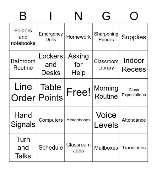 Classroom Procedures Bingo Card