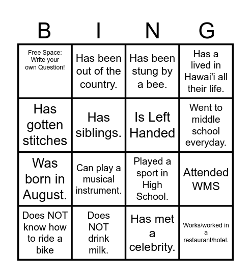 WMS Human BING Bingo Card