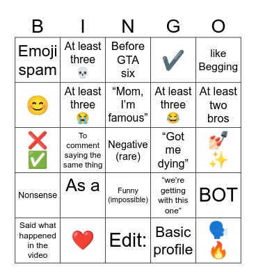 Worst comments Bingo Card