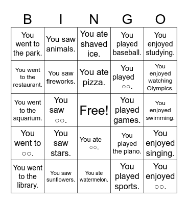 Summer Vacation Bingo Card