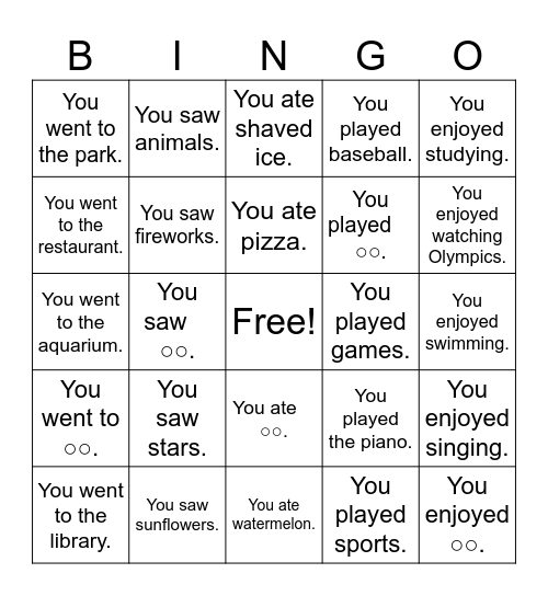 Summer Vacation Bingo Card