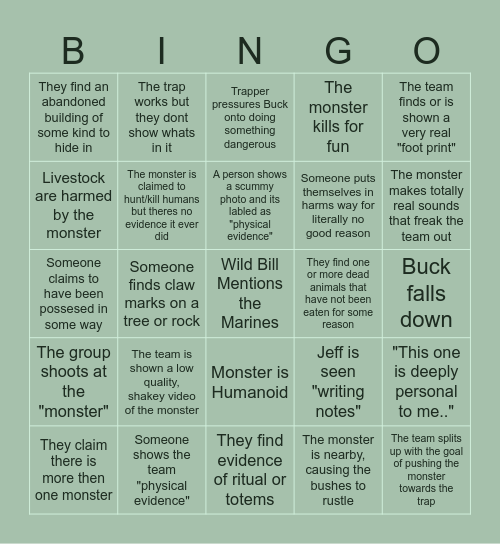 Mountain Monsters(tm) Bingo Card