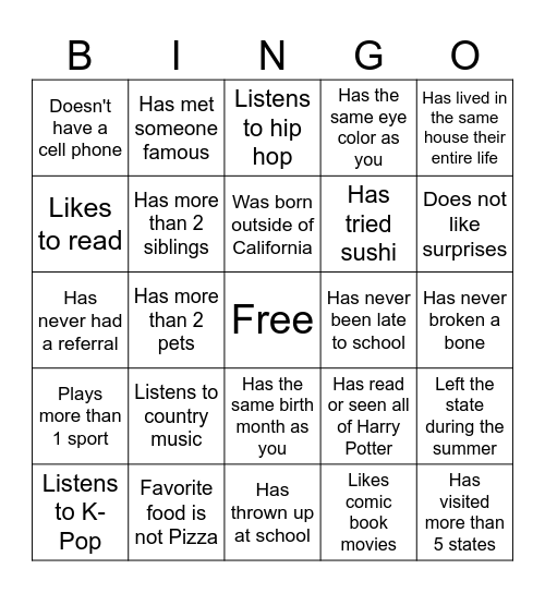 Middle School Bingo Card