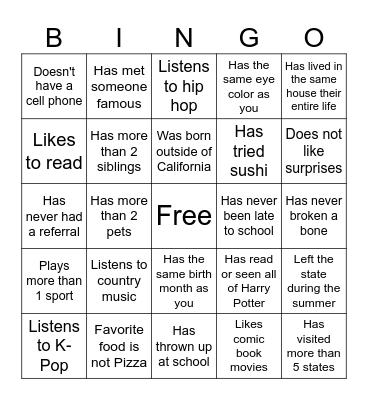 Middle School Bingo Card