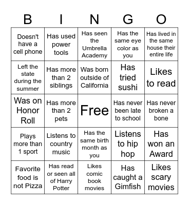 Middle School Bingo Card
