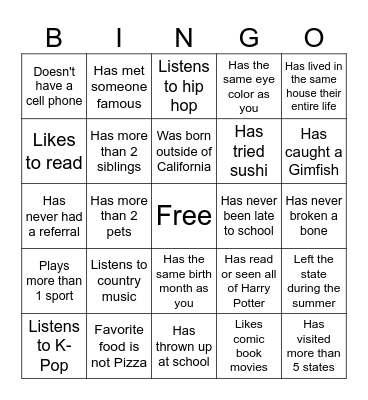 Middle School Bingo Card