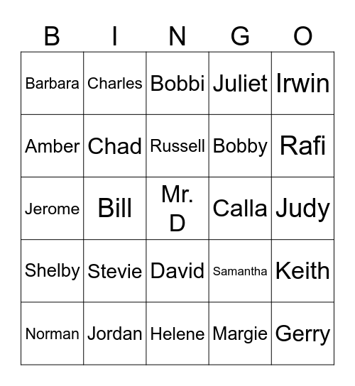 Chaverim Names Bingo Card