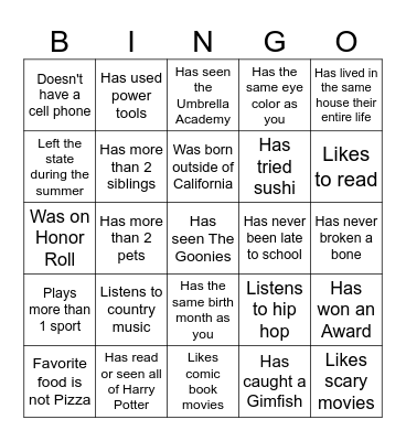 Middle School Bingo Card