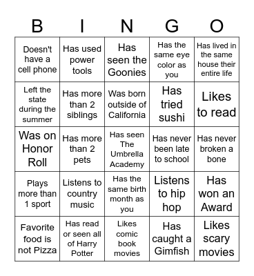 Middle School Bingo Card